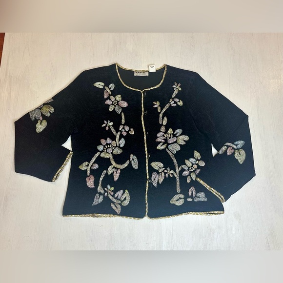 Main Street Sweaters - 90s Cottage Core Embroidered Floral Cardigan Women’s Size 14 Black